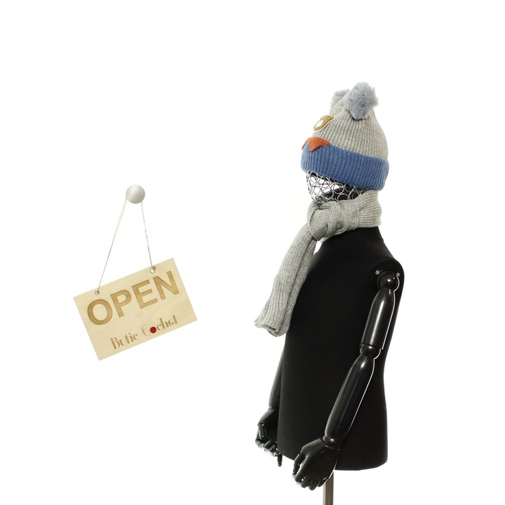 Set caciula si fular copii, Buticcochet, model cu ursulet, Gri, 3-6 ani