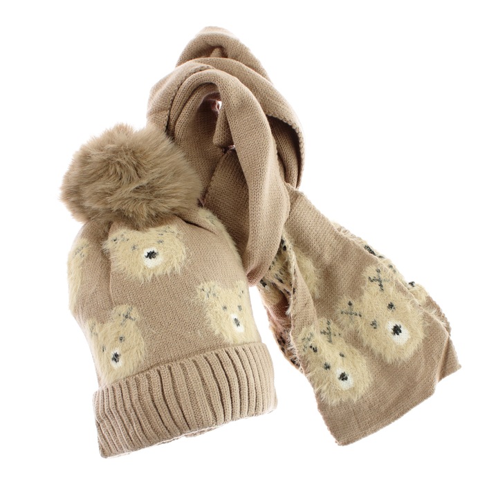 Set caciula si fular copii, Buticcochet, model urs, maro, 2-4 ani, viscoza