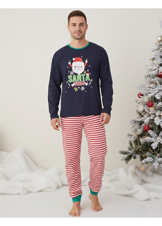 Pijama barbati Craciun din bumbac, maneci si pantaloni lungi, bleumarin 02001-2, 2XL
