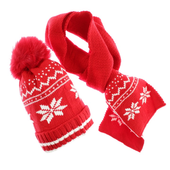 Set caciula si fular, pentru copii, Buticcochet, din viscoza si sintetic, model cu fulgi de nea, Rosu-Alb