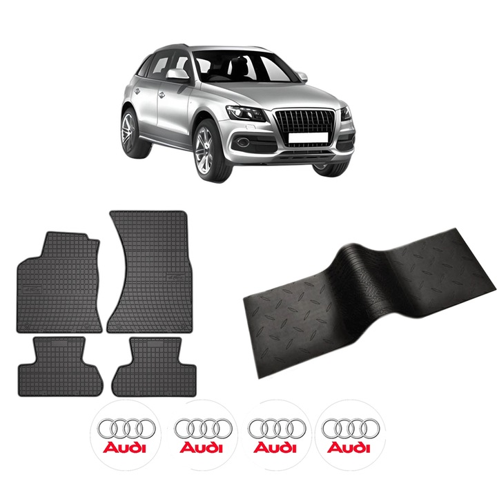 Set 5 covorase auto AUDI Q5 (8RB) din 2007, cu covoras tunel median, cauciuc, 4x Stickere auto cu AUDI