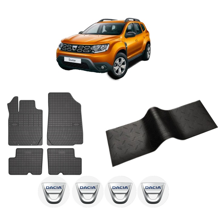 Set 5 covorase auto DACIA DUSTER SUV Van din 2006-2014, cu covoras tunel median, cauciuc, 4x Stickere auto cu DACIA