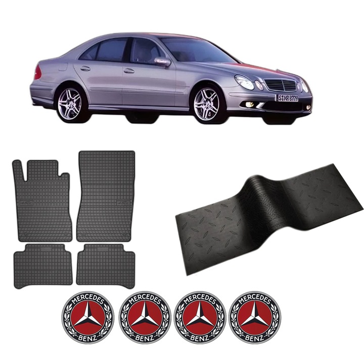 Set 5 covorase auto MERCEDES-BENZ E-CLASS (W211) din 2009-2016, cu covoras tunel median, cauciuc, 4x Stickere auto cu MERCEDES-BENZ