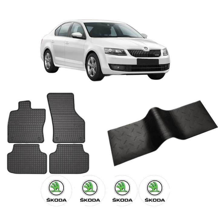 Set 5 covorase auto SKODA OCTAVIA III (5E3, NL3, NR3) din 2015-2022, cu covoras tunel median, cauciuc, 4x Stickere auto cu SKODA