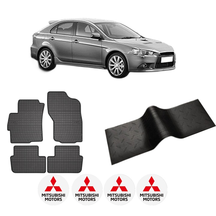 Set 5 covorase auto MITSUBISHI LANCER VIII Sportback (CX_A) din 2018-2023, cu covoras tunel median, cauciuc, 4x Stickere auto cu MITSUBISHI