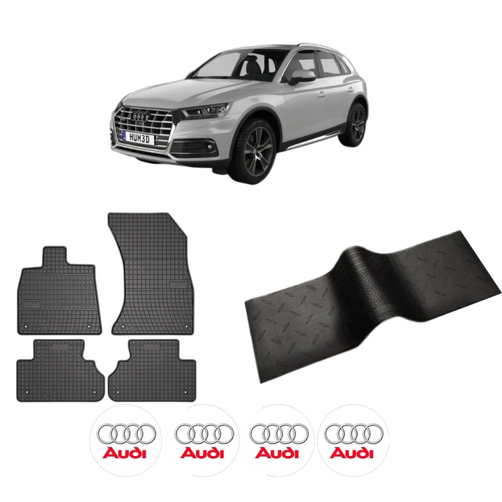 Set 5 covorase auto AUDI Q5 (FYB, FYG) din 2010-2014, cu covoras tunel median, cauciuc, 4x Stickere auto cu AUDI