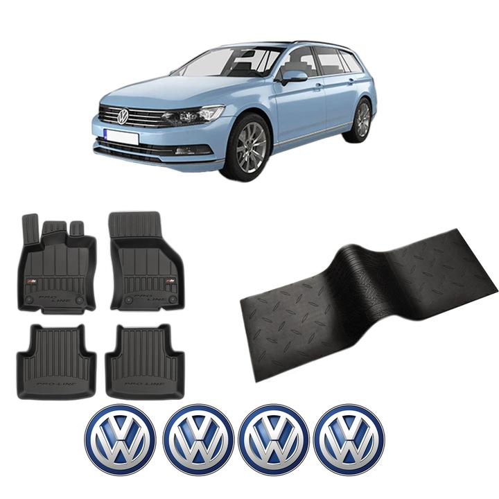 Set 5 covorase auto Volkswagen PASSAT B8 Variant (3G5, CB5) din 2018-2024, cu covoras tunel median, cauciuc, 4x Stickere auto cu Volkswagen
