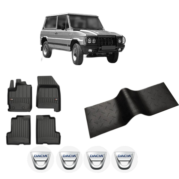 Set 5 covorase auto DACIA DUSTER din 2010-2018, cu covoras tunel median, cauciuc, 4x Stickere auto cu DACIA