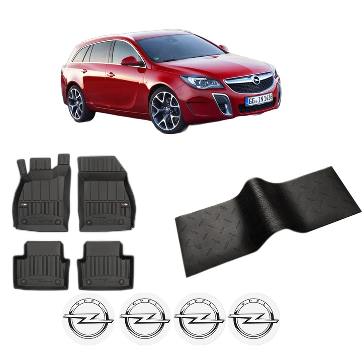 Set 5 covorase auto OPEL INSIGNIA A Country Tourer (G09) din 2004-2011, cu covoras tunel median, cauciuc, 4x Stickere auto cu OPEL