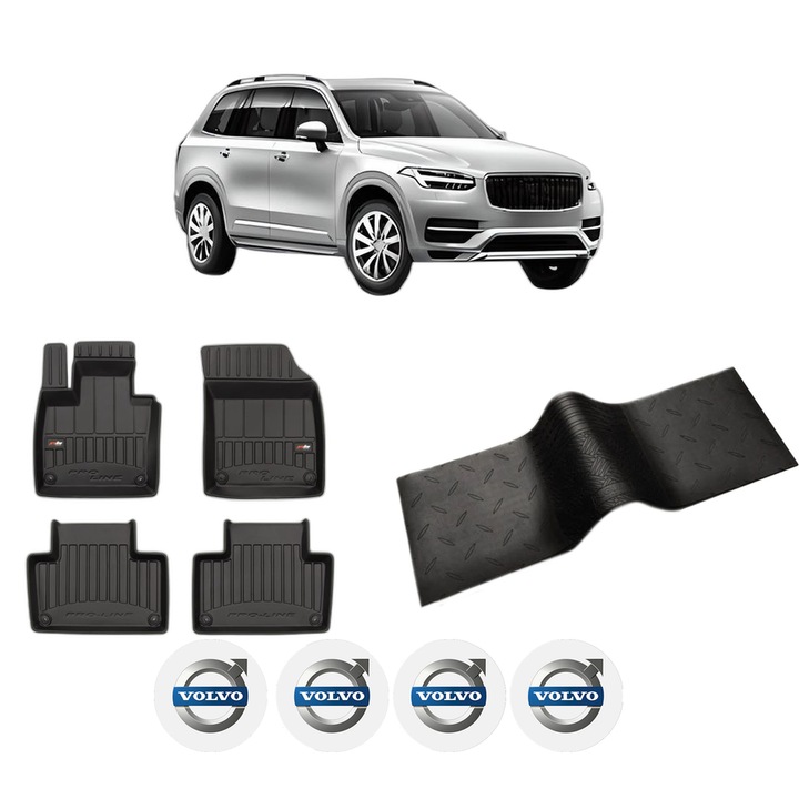 Set 5 covorase auto VOLVO XC90 II (256) din 2010-2018, cu covoras tunel median, cauciuc, 4x Stickere auto cu VOLVO