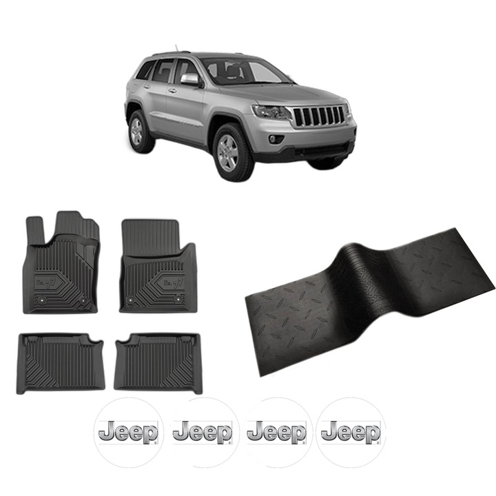 Set 5 covorase auto JEEP GRAND CHEROKEE IV (WK, WK2) din 2012-2017, cu covoras tunel median, cauciuc, 4x Stickere auto cu JEEP