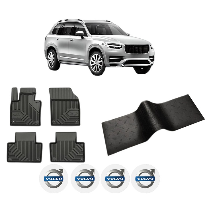 Set 5 covorase auto VOLVO XC90 II (256) din 2010-2018, cu covoras tunel median, cauciuc, 4x Stickere auto cu VOLVO