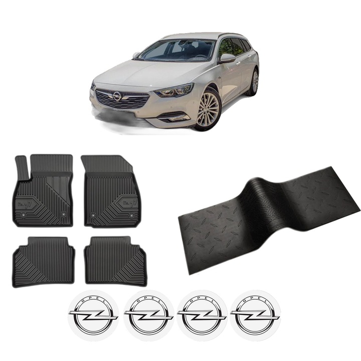 Set 5 covorase auto OPEL INSIGNIA B Country Tourer (Z18) din 2013-2019, cu covoras tunel median, cauciuc, 4x Stickere auto cu OPEL