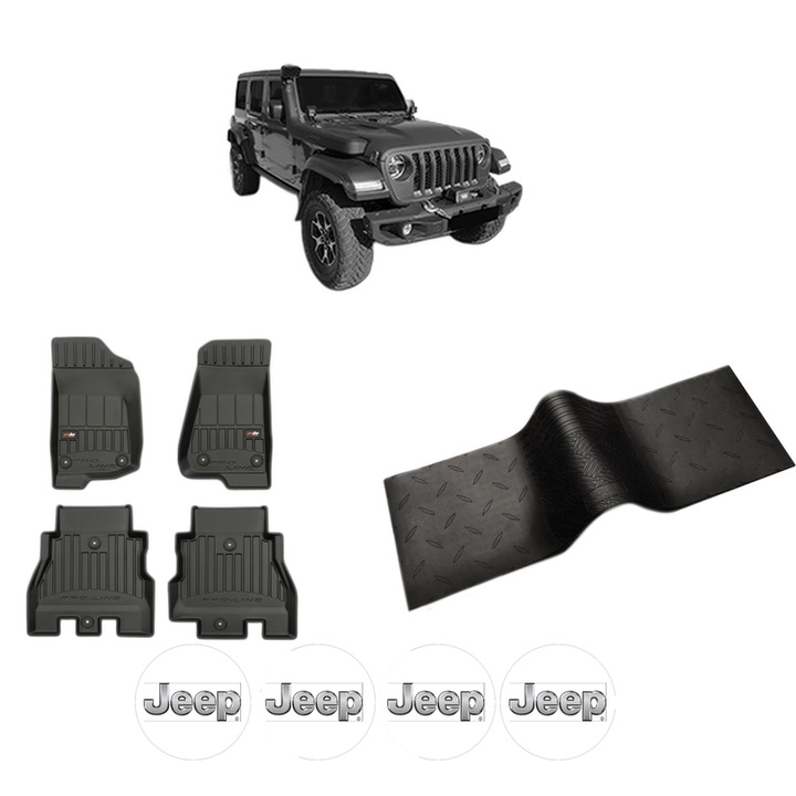Set 5 covorase auto JEEP WRANGLER IV (JL) din 2013-2018, cu covoras tunel median, cauciuc, 4x Stickere auto cu JEEP