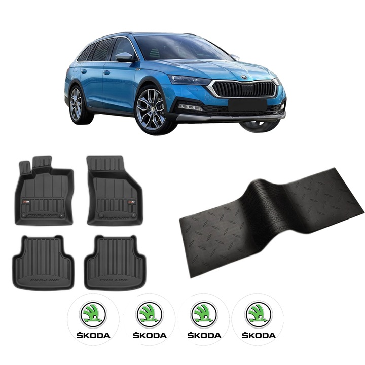 Set 5 covorase auto SKODA OCTAVIA IV (NX3, NN3, PV3) din 2012-2019, cu covoras tunel median, cauciuc, 4x Stickere auto cu SKODA