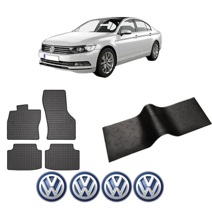 Set 5 covorase auto Volkswagen PASSAT B8 (3G2, CB2) din 2018-2024, cu covoras tunel median, cauciuc, 4x Stickere auto cu Volkswagen