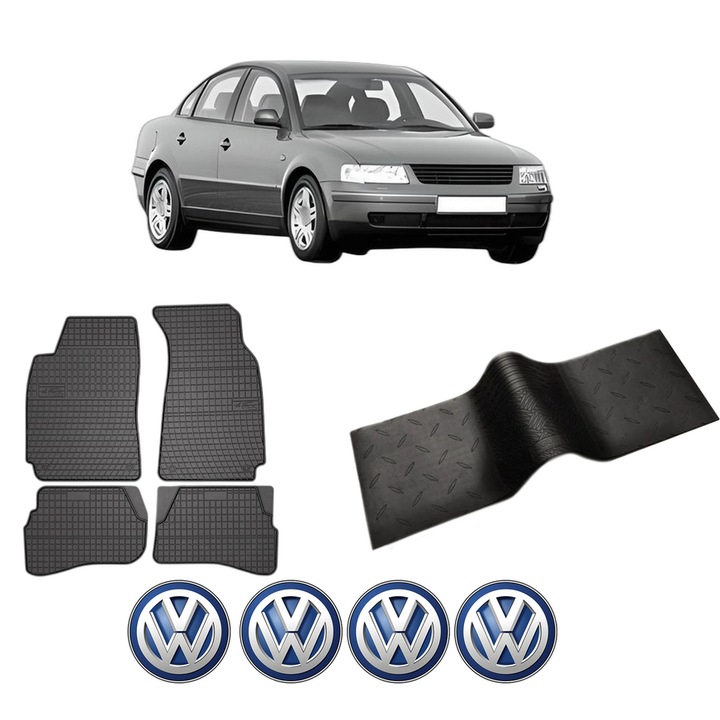 Set 5 covorase auto Volkswagen PASSAT B5 (3B2) din 2017-2023, cu covoras tunel median, cauciuc, 4x Stickere auto cu Volkswagen