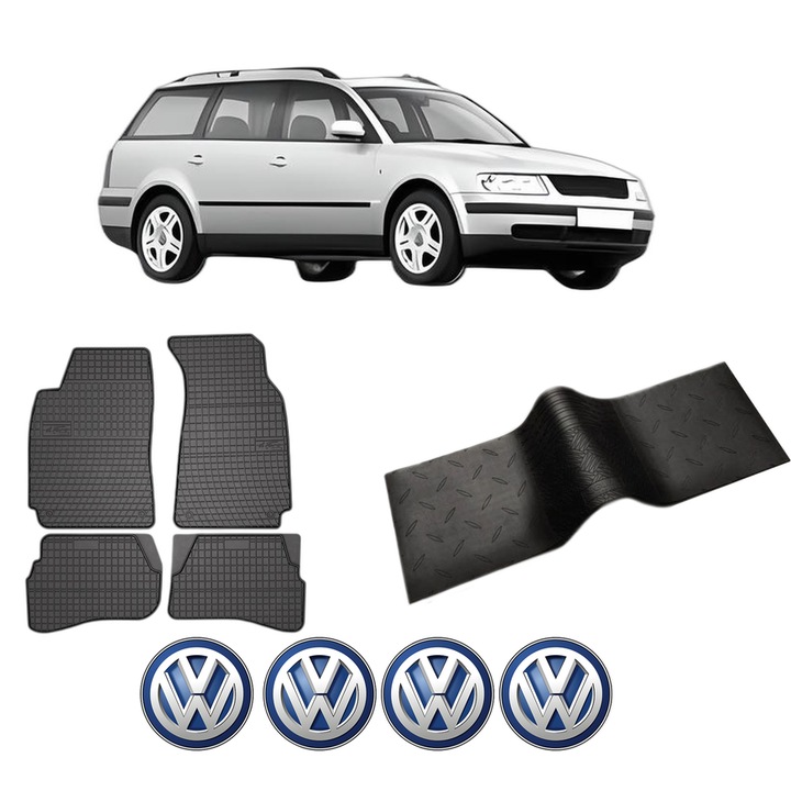Set 5 covorase auto Volkswagen PASSAT B5 Variant (3B5) din 2019-2020, cu covoras tunel median, cauciuc, 4x Stickere auto cu Volkswagen