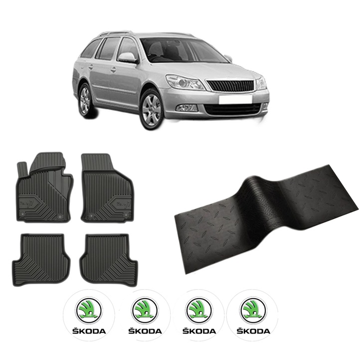 Set 5 covorase auto SKODA OCTAVIA II Combi (1Z5) din 2004-2013, cu covoras tunel median, cauciuc, 4x Stickere auto cu SKODA