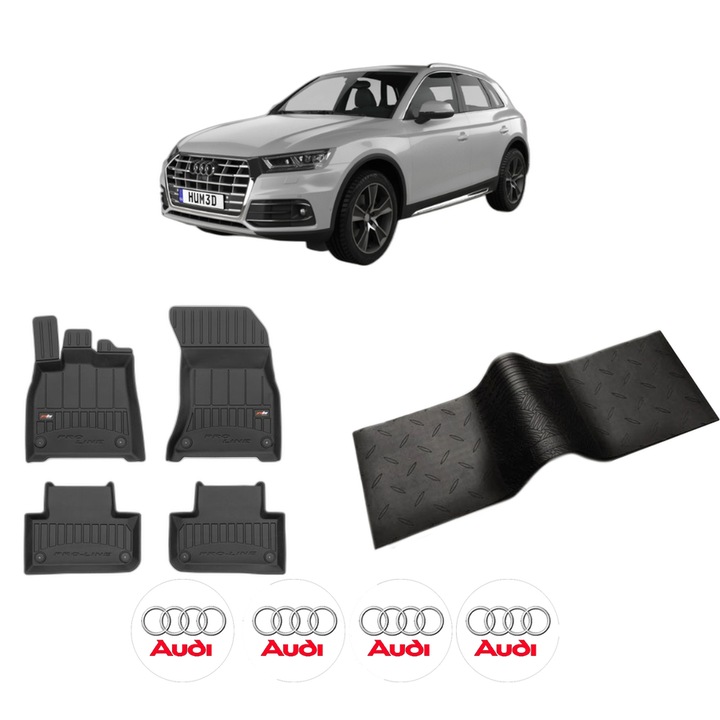 Set 5 covorase auto AUDI Q5 (FYB, FYG) din 2010-2014, cu covoras tunel median, cauciuc, 4x Stickere auto cu AUDI
