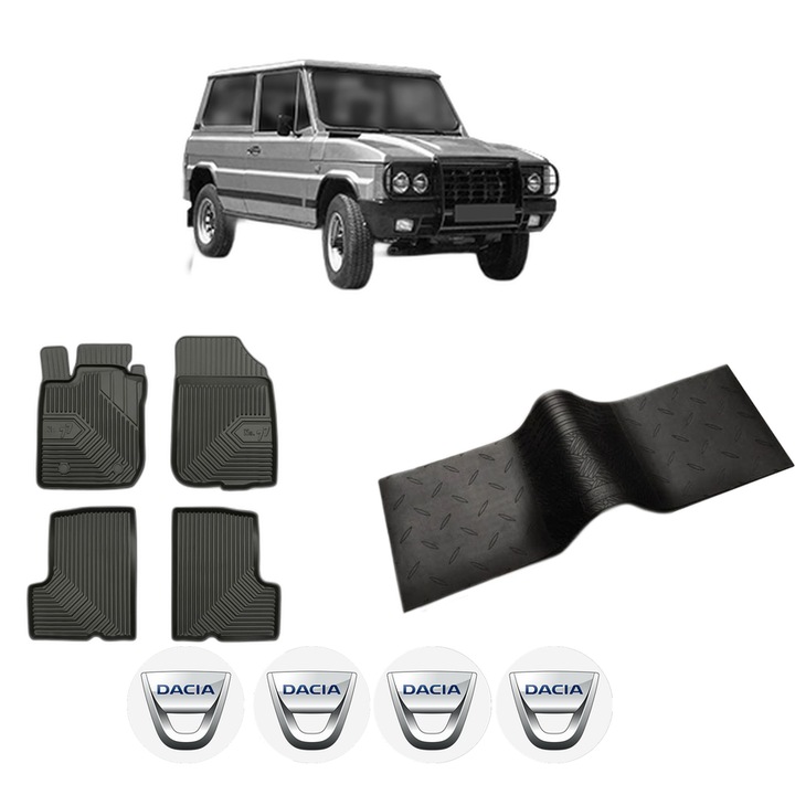 Set 5 covorase auto DACIA DUSTER din 2010-2018, cu covoras tunel median, cauciuc, 4x Stickere auto cu DACIA