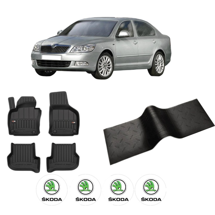 Set 5 covorase auto SKODA OCTAVIA II (1Z3) din 2004-2009, cu covoras tunel median, cauciuc, 4x Stickere auto cu SKODA