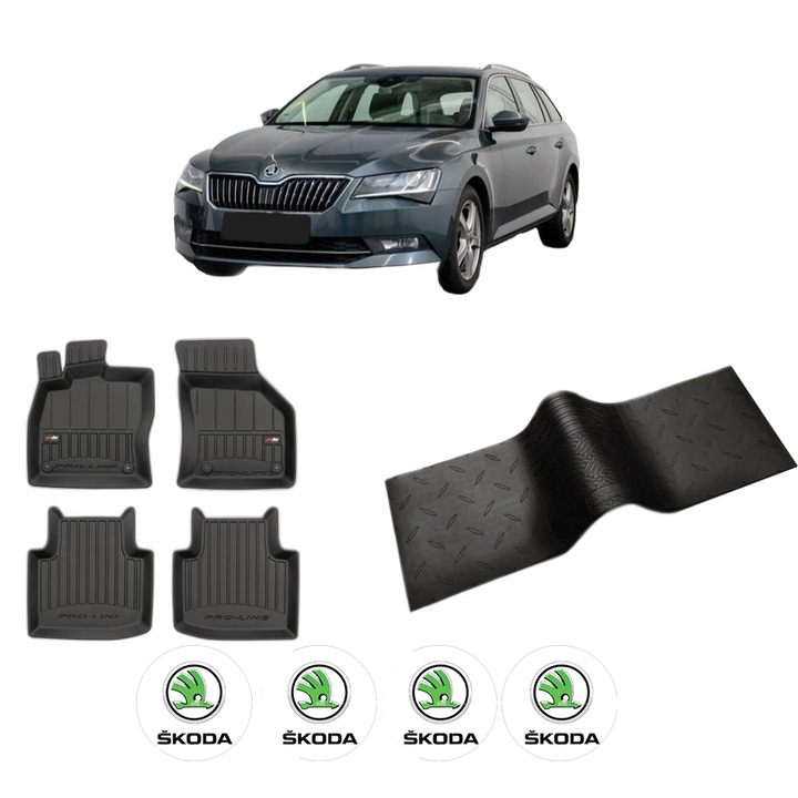 Set 5 covorase auto SKODA SUPERB III Estate (3V5) din 2019-2021, cu covoras tunel median, cauciuc, 4x Stickere auto cu SKODA