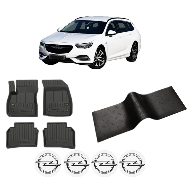 Set 5 covorase auto OPEL INSIGNIA B Sports Tourer (Z18) din 2016-2022, cu covoras tunel median, cauciuc, 4x Stickere auto cu OPEL