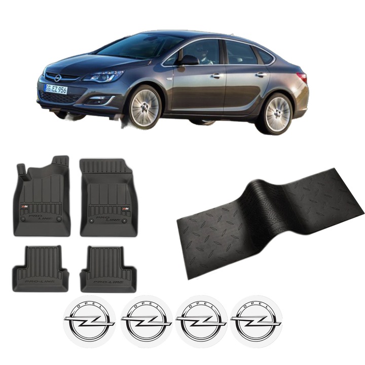Set 5 covorase auto OPEL ASTRA J Saloon din 2018-2024, cu covoras tunel median, cauciuc, 4x Stickere auto cu OPEL