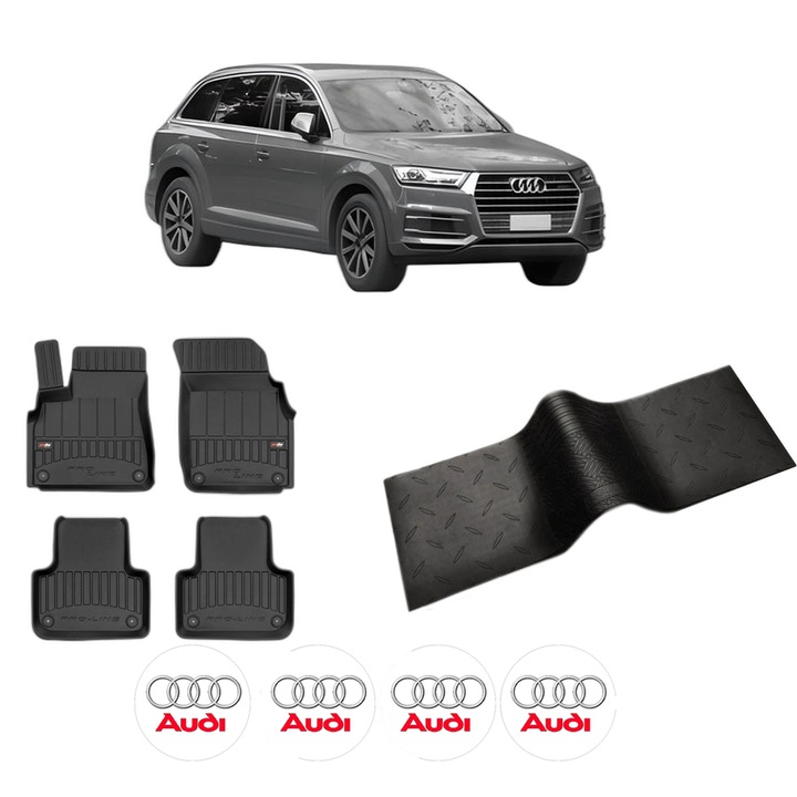 Set 5 covorase auto AUDI Q7 (4MB, 4MG, 4MQ) din 2005-2013, cu covoras tunel median, cauciuc, 4x Stickere auto cu AUDI
