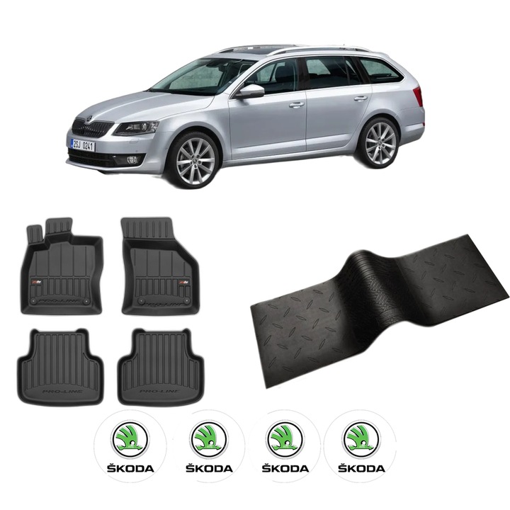 Set 5 covorase auto SKODA OCTAVIA III Combi (5E5, 5E6) din 2015-2022, cu covoras tunel median, cauciuc, 4x Stickere auto cu SKODA