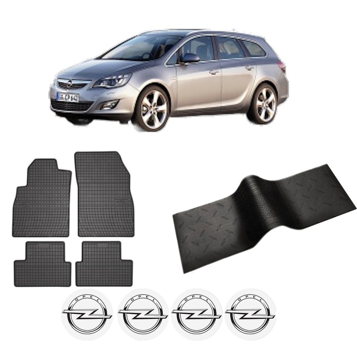 Set 5 covorase auto OPEL ASTRA J Sports Tourer (P10) din 2016-2021, cu covoras tunel median, cauciuc, 4x Stickere auto cu OPEL