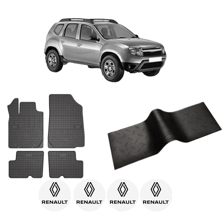 Set 5 covorase auto RENAULT DUSTER (HS_) din 2010-2018, cu covoras tunel median, cauciuc, 4x Stickere auto cu RENAULT