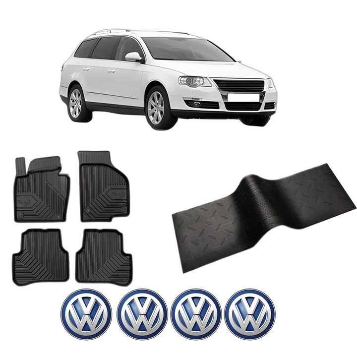 Set 5 covorase auto Volkswagen PASSAT B6 Variant (3C5) din 2016-2021, cu covoras tunel median, cauciuc, 4x Stickere auto cu Volkswagen
