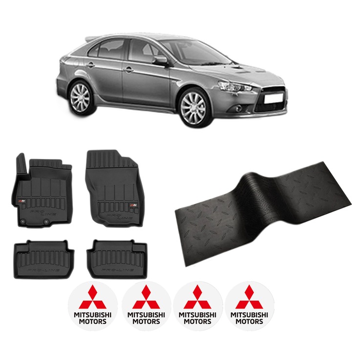 Set 5 covorase auto MITSUBISHI LANCER VIII Sportback (CX_A) din 2018-2023, cu covoras tunel median, cauciuc, 4x Stickere auto cu MITSUBISHI