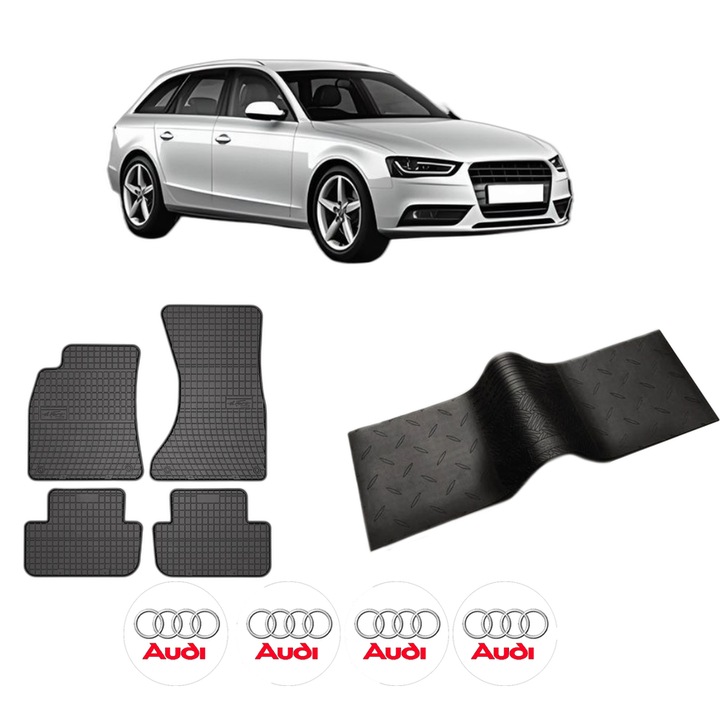 Set 5 covorase auto AUDI A4 B8 Avant (8K5) din 2011-2015, cu covoras tunel median, cauciuc, 4x Stickere auto cu AUDI