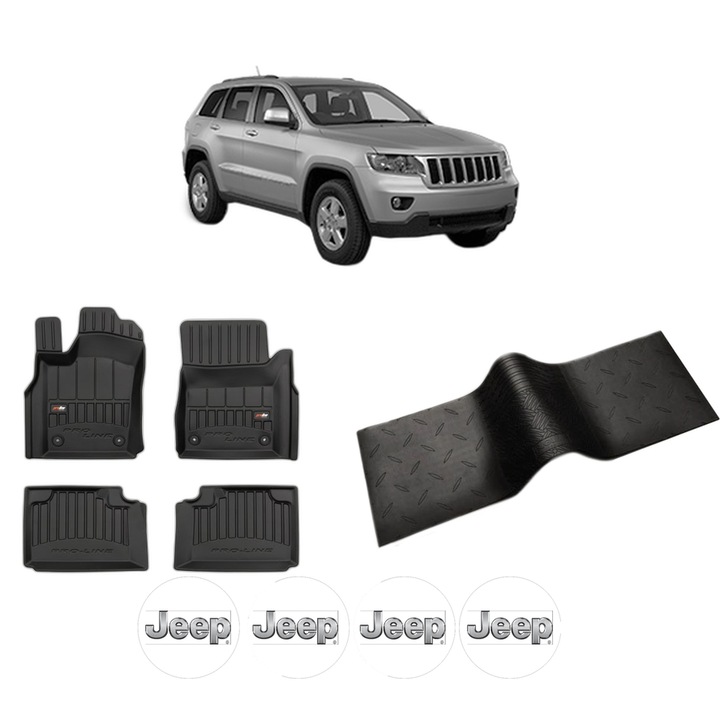 Set 5 covorase auto JEEP GRAND CHEROKEE IV (WK, WK2) din 2012-2017, cu covoras tunel median, cauciuc, 4x Stickere auto cu JEEP