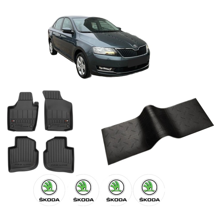 Set 5 covorase auto SKODA RAPID (NH3, NK3, NK6) din 2011-2018, cu covoras tunel median, cauciuc, 4x Stickere auto cu SKODA
