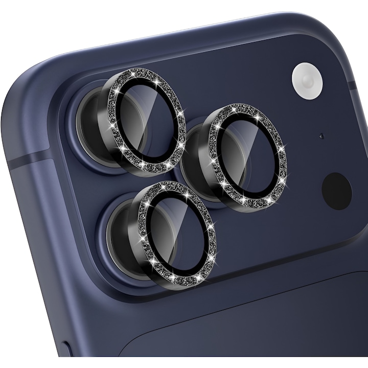 Folie Protectie Camera cu Sclipici pentru iPhone 17 Pro Max, Sticla Securizata, Aluminiu, 3 bucati, Ultra Slim, Duritate 9H, Anti Zgarieturi, Anti Amprente, Anti Socuri, Negru