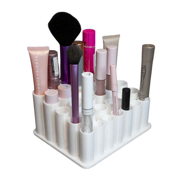 Organizator cosmetice alb, compartimente multiple pentru pensule și rujuri, design compact
