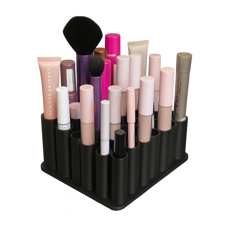 Organizator cosmetice negru, compartimente multiple pentru pensule și rujuri, design compact, ideal pentru baie și birou