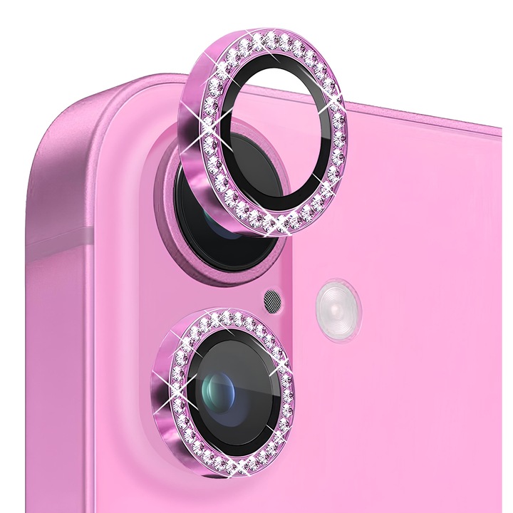 Folie Protectie Camera cu Strasuri pentru iPhone 17, Sticla Securizata, Aluminiu, 2 bucati, Ultra Slim, Duritate 9H, Anti Zgarieturi, Anti Amprente, Anti Socuri, Roz