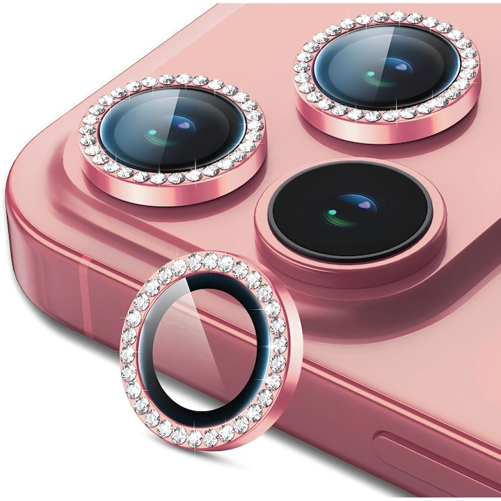 Folie Protectie Camera cu Strasuri pentru iPhone 17 Pro Max, Sticla Securizata, Aluminiu, 3 bucati, Ultra Slim, Duritate 9H, Anti Zgarieturi, Anti Amprente, Anti Socuri, Roz