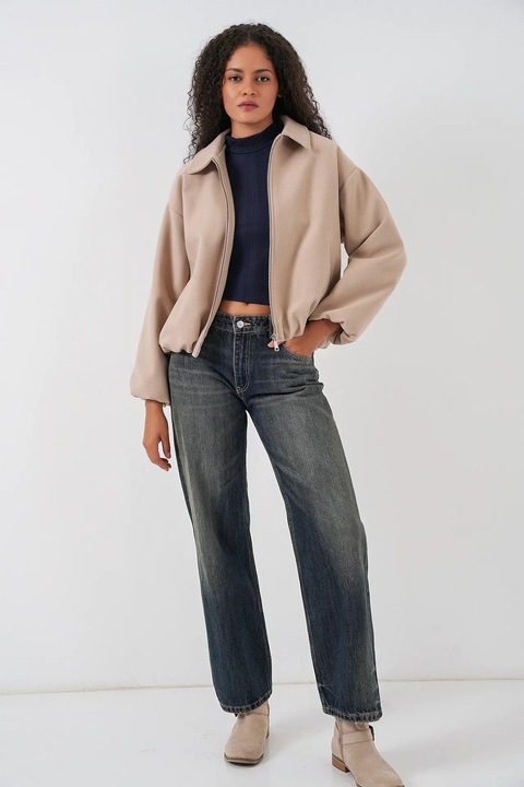 Geaca bomber HiCCUP, bej, textil, cu fermoar si buzunare