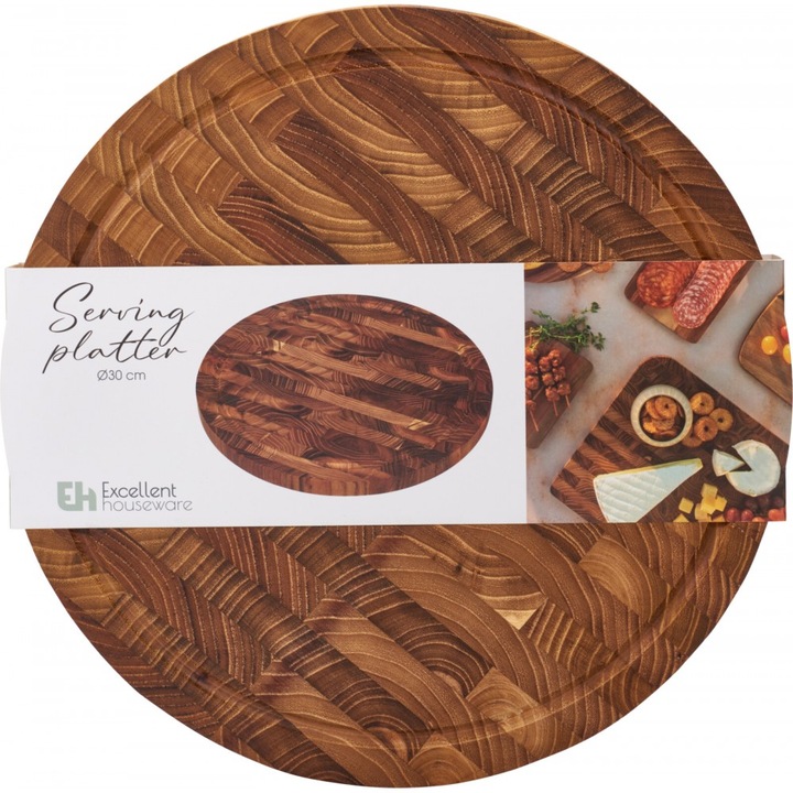 Tocator de bucatarie Excellent Houseware, rotund, lemn de tec, 30cm