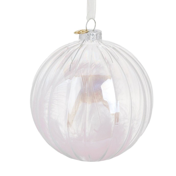 Glob din sticla transparenta cu dunga reliefata si pene roz, pentru brad de Craciun, 10 cm