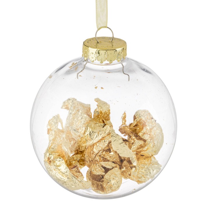 Ornament brad de craciun glob transparent cu frunze din folie aurie ø10cm