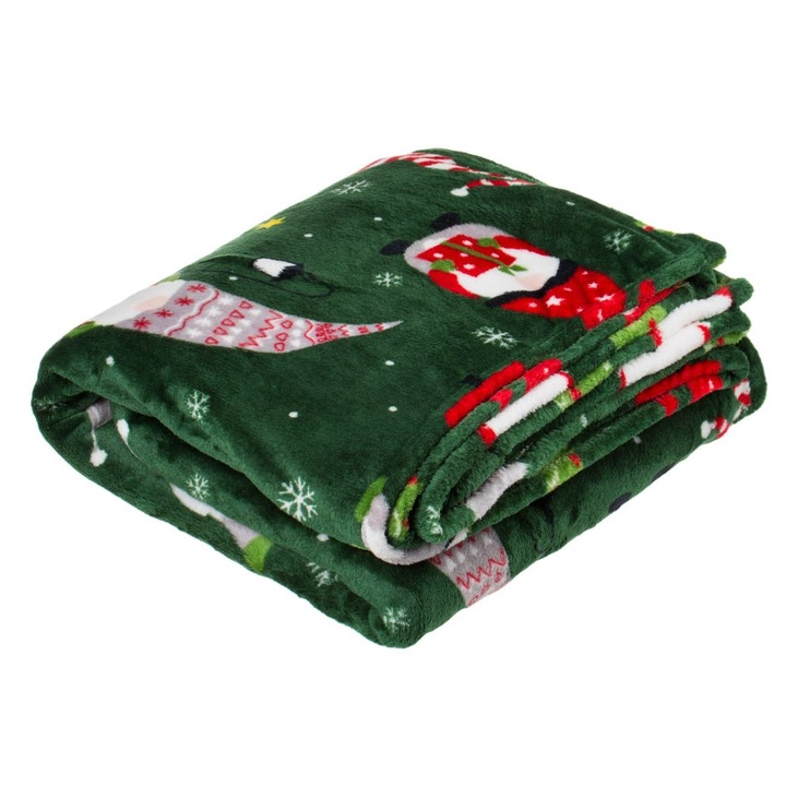 Patura decorativa de Craciun, catifelata, verde, cu figurine gnomi, 200 x 200 cm