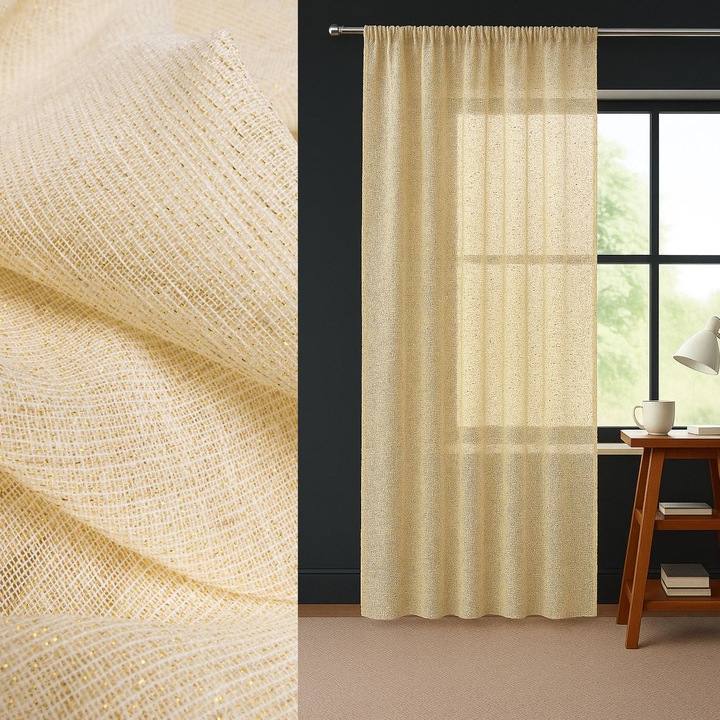 Perdea cu rejansa, bej & lurex auriu, poliester, 140x260cm
