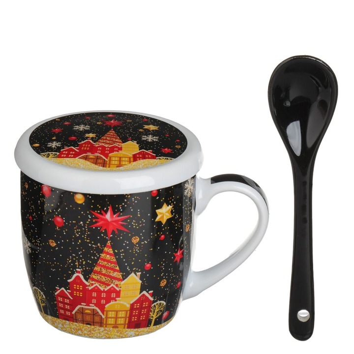 Set Cana Craciun Portelan 340ml Negru Cu Capac Si Lingurita Shopiens®